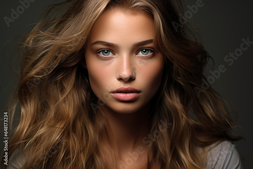 Generative Ai portrait of young pretty woman natural beauty brown volume hairstyle on background