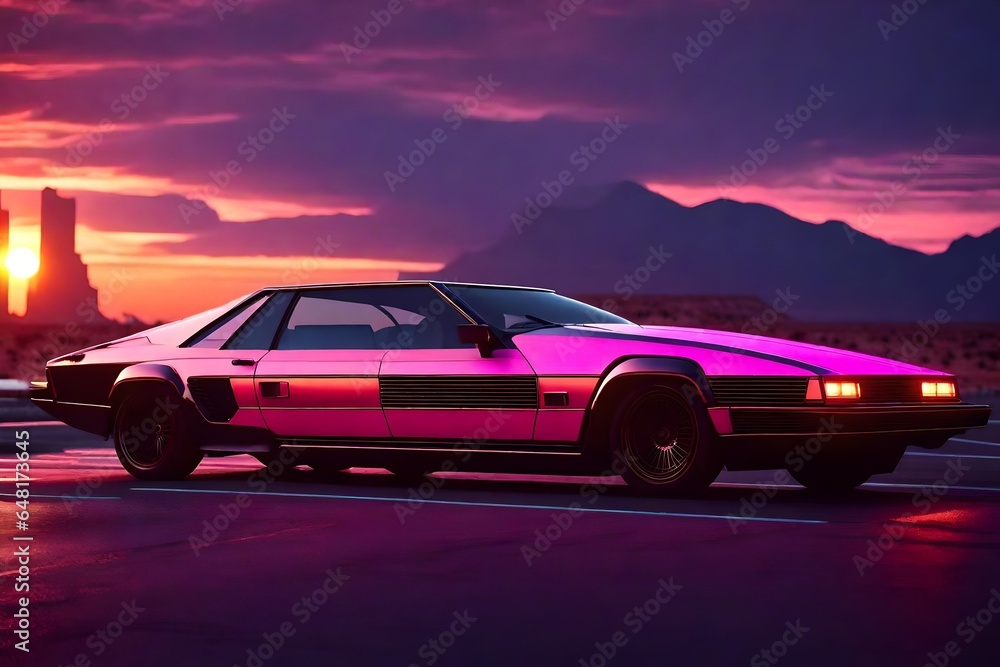 Retro-futuristic 80s Vehicle in the dusk