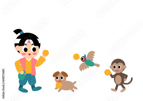 犬と猿とキジにきびだんごをあげる桃太郎のイラスト photo