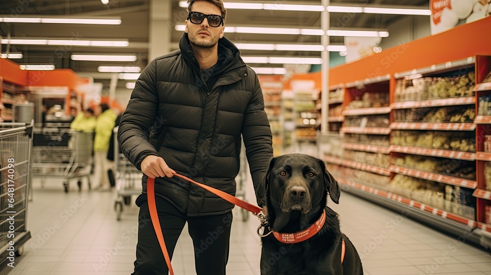 Dog guide helps to a blind man do shopping in the supermarket. - obrazy, fototapety, plakaty 