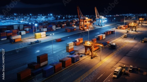 Aerial view of a freight port with containers at night.