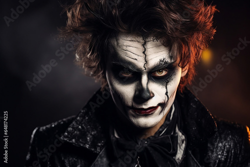 Creative composite generative ai collage of man celebrate halloween festival make wear joker costume