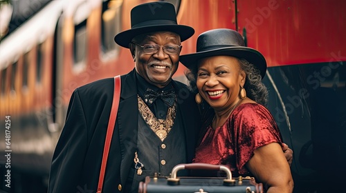 Happy black mature couple in love, ready to travel by train © MiguelAngel