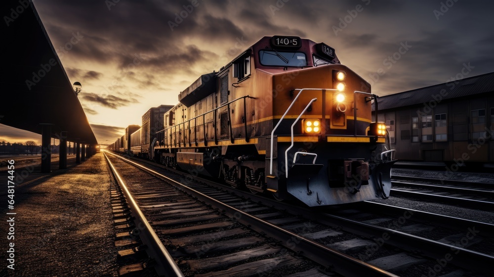 Locomotive on a freight train stopped at the station at night. - obrazy, fototapety, plakaty 