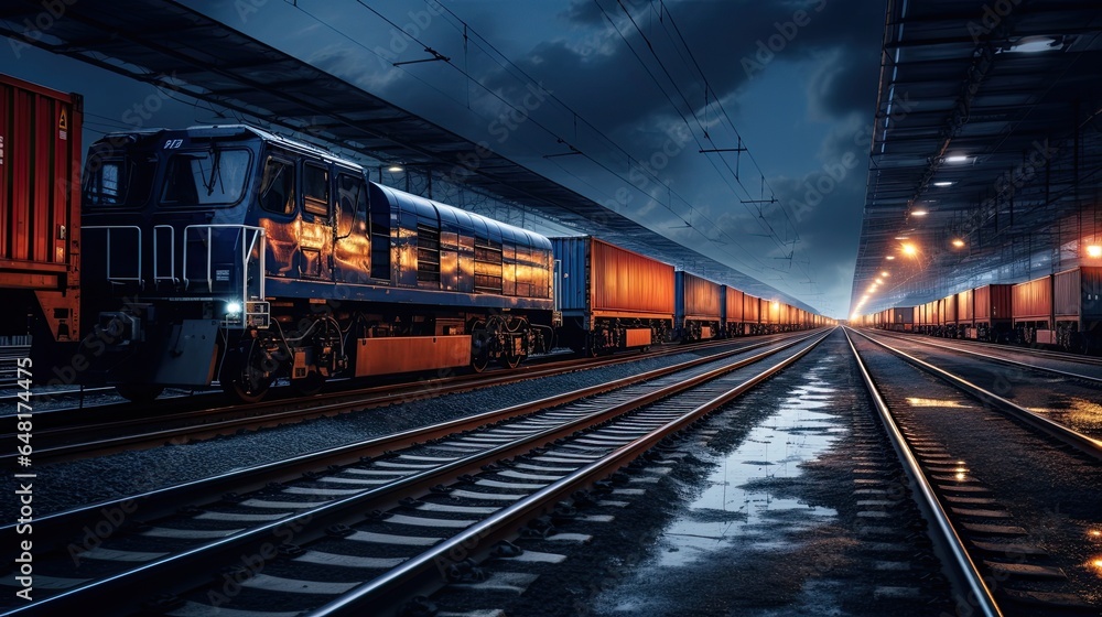 Locomotive on a freight train stopped at the station at night.