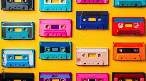 audio tapes cassetes in vibrant colors, retro 90s.