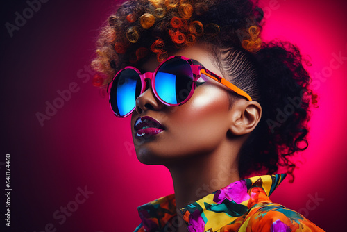 Generative Ai portrait of young black woman wearing sunglass modern picture vivid magenta colors
