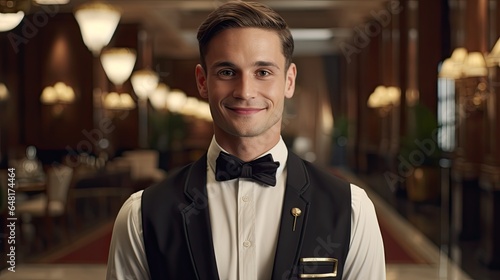 Young bellboy portrait, working with uniform in the hotel.