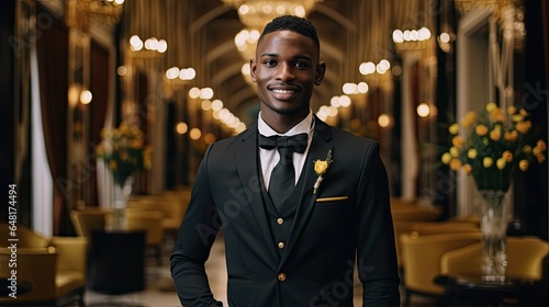 Portrait, black young man as a bellboy working with uniform in the hotel.