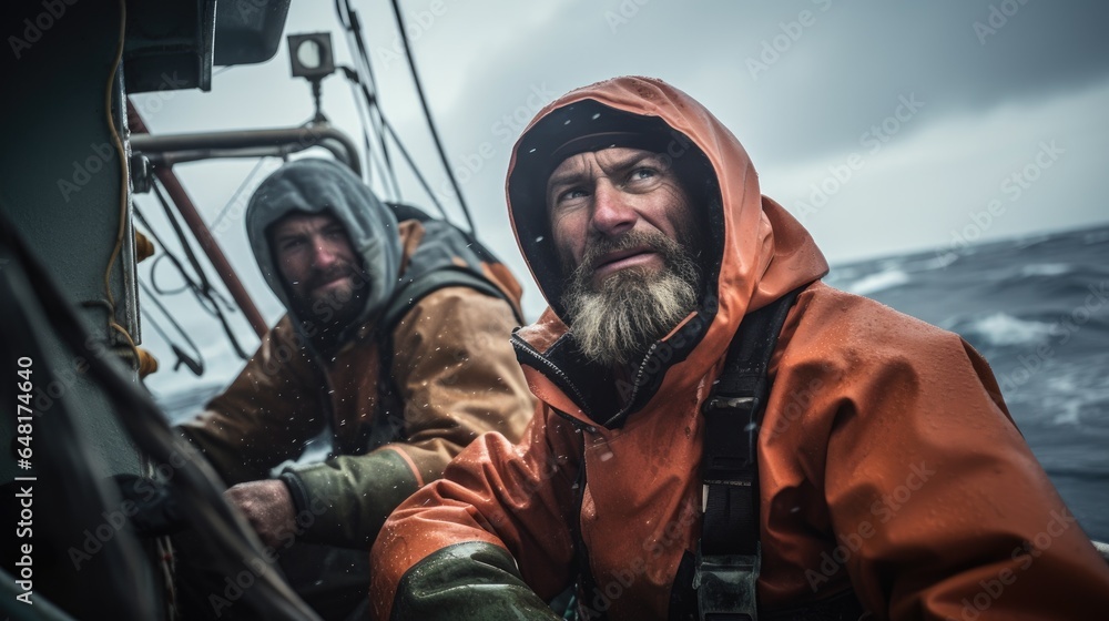 Smiling fishermen working hard on a rainy day on the boat.