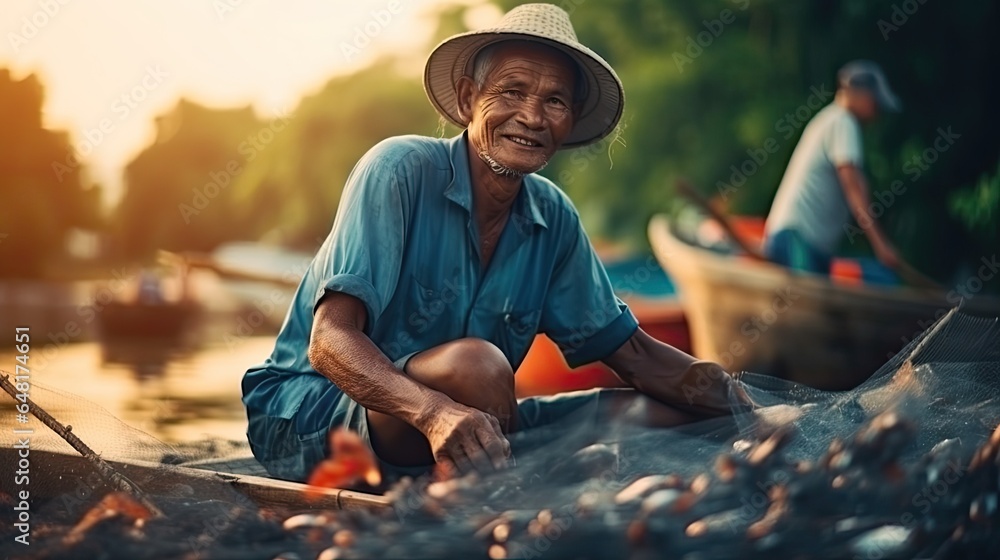 Older man from Southeast Asia, fishing with nets in the boat. - obrazy, fototapety, plakaty 