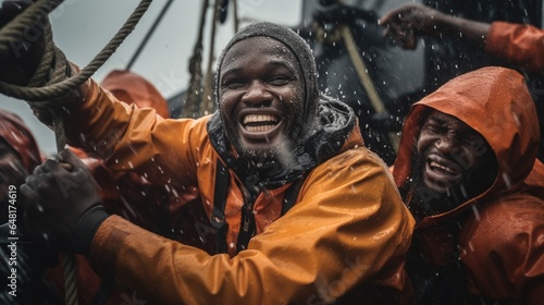 Black men as a fisherman happy working hard on a rainy day at boat.