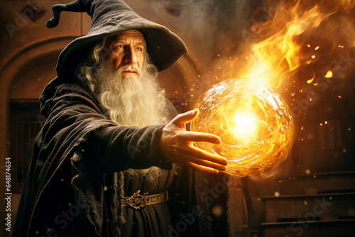 Fotótapéta Generative ai collage photo of powerful warlock cast fire fiery spell