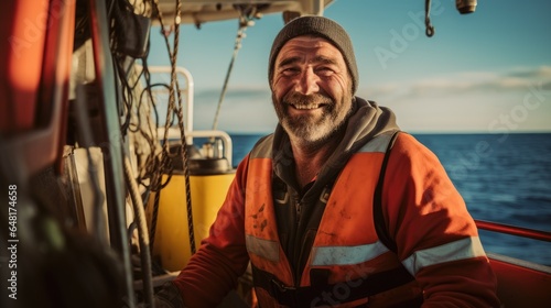Smiling, disheveled looking mature man, sailor on fishing boat.