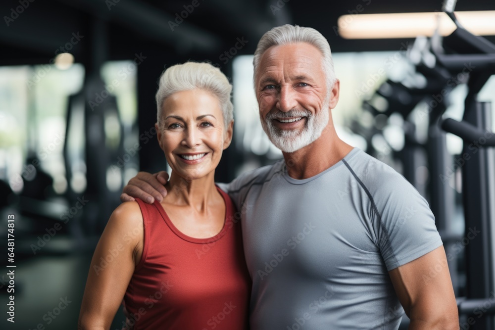 Portrait of an elderly athletic couple against the backdrop of a gymnasium.