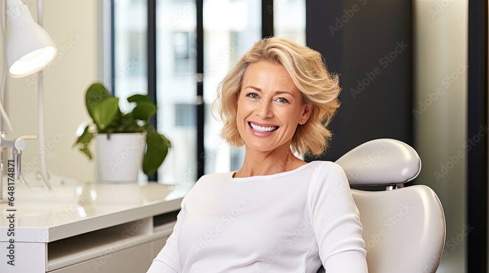 Mature woman smiling with white teeth, after a whitenning teeth treatment at the dentist. Mature woman smiling with white teeth, after a whitenning teeth treatment at the dentist.