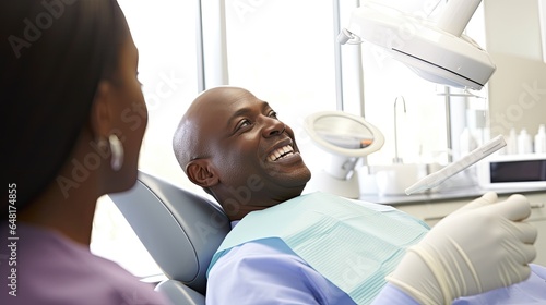Mature black man at the dentist, smiles after a teeth whitening treatment.