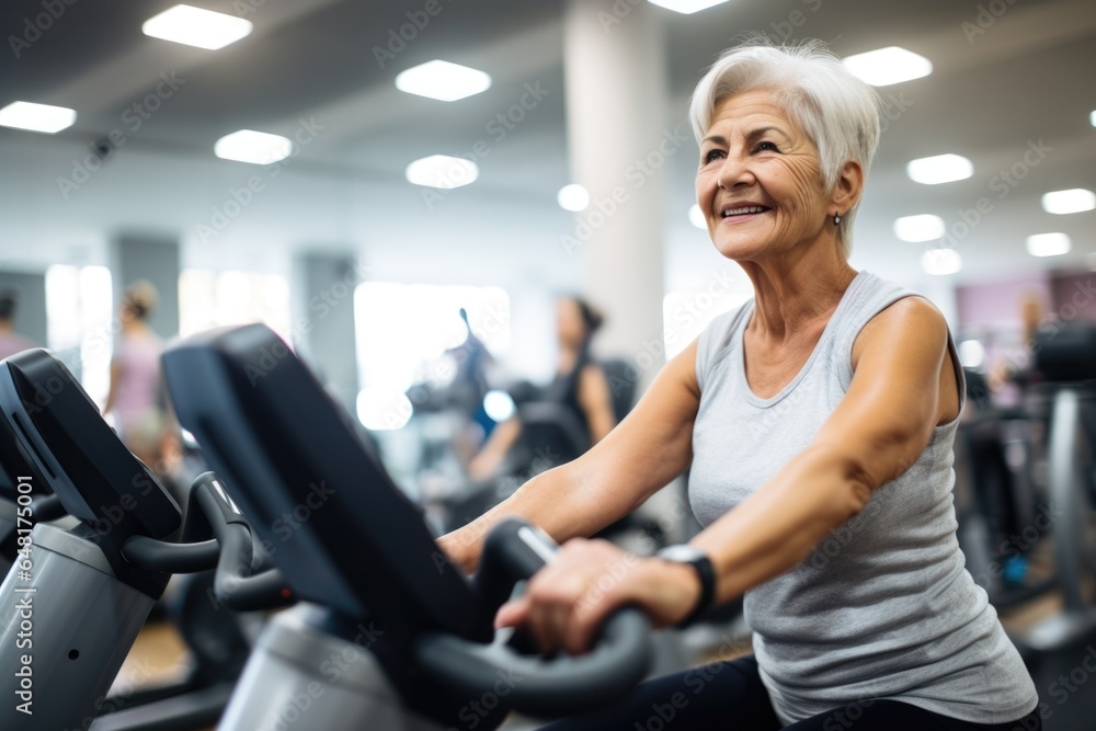 Elderly happy woman working out on an exercise bike at the gym. Elderly happy woman working out on an exercise bike at the gym.