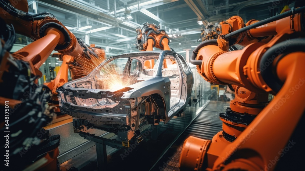 Modern robots working inside a car factory. Modern robots working inside a car factory.