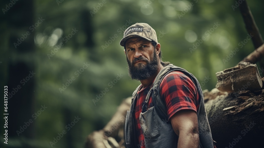 Adult man with a rough and strong appearance, he is a lumberjack in the forest.