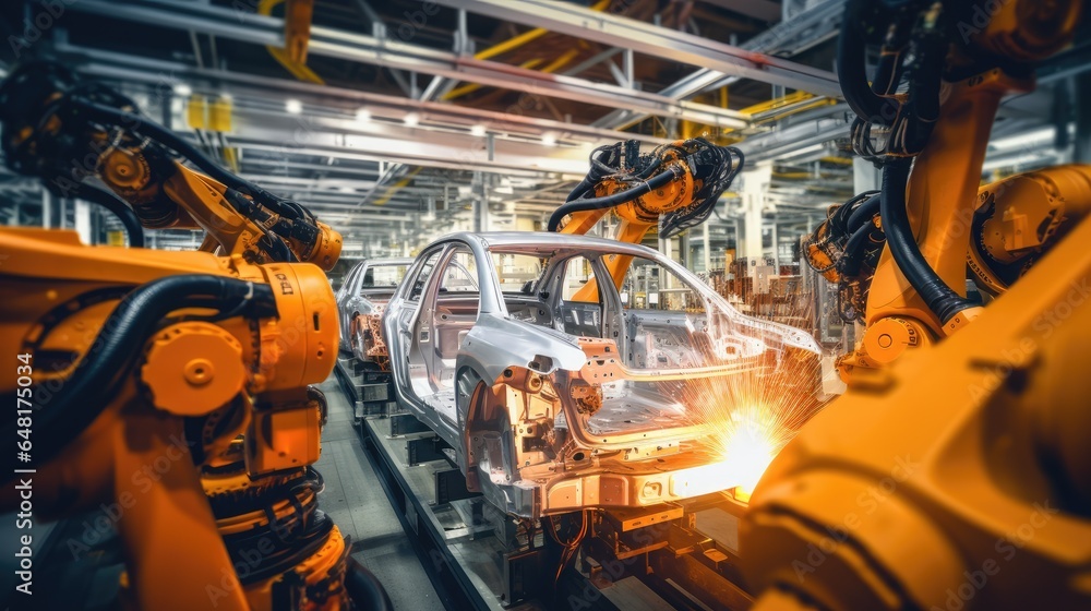 Modern robots working inside a car factory.