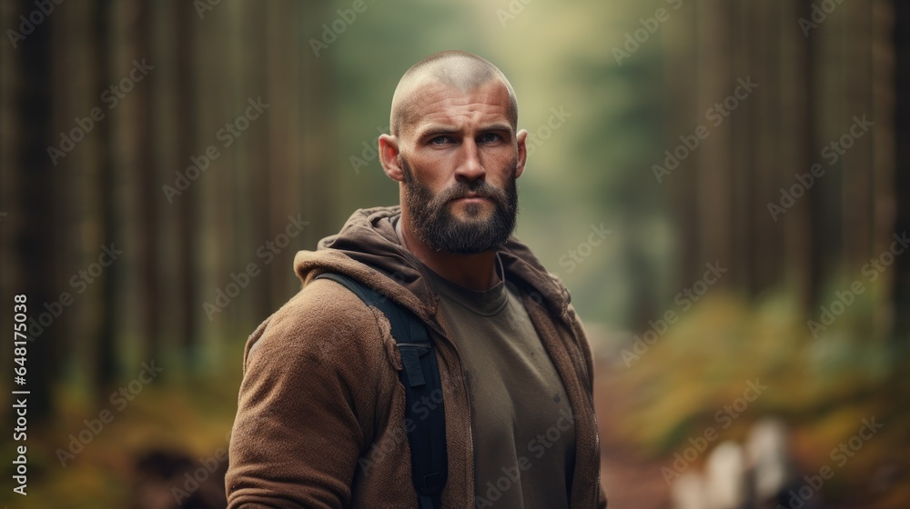Adult man with a rough and strong appearance, he is a lumberjack in the forest. Adult man with a rough and strong appearance, he is a lumberjack in the forest.
