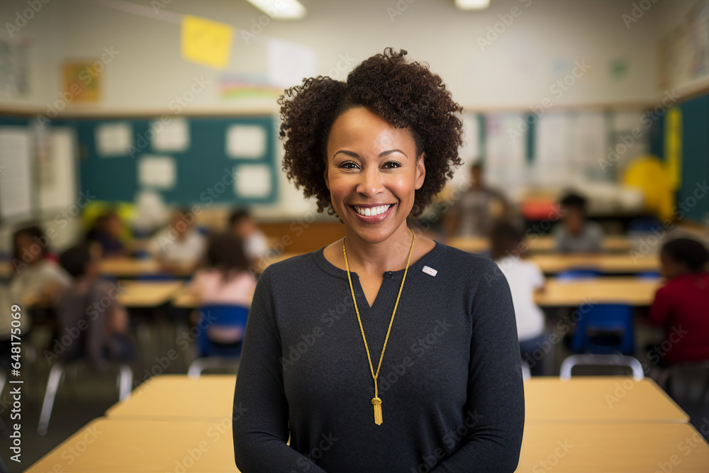 Generative AI photography of successful beautiful school teacher in classroom Generative AI photography of successful beautiful school teacher in classroom