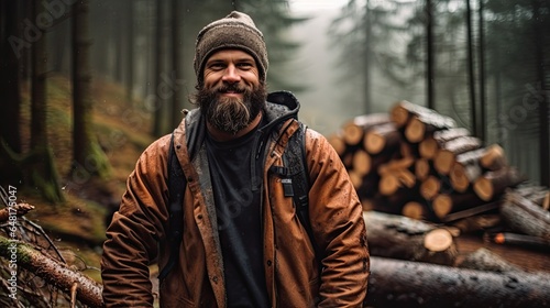 Adult man with a rough and strong appearance, he is a lumberjack in the forest. photo