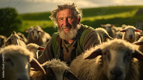 Canvas Print Portrait of a shepherd man with a scruffy and rough appearance, herding the flock of sheep through the meadow