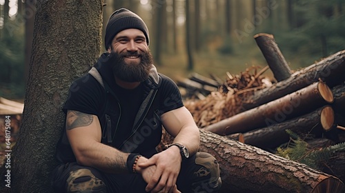 Adult man with a rough and strong appearance, he is a lumberjack in the forest. photo