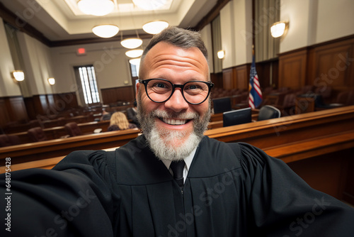 Portrait by generative AI of a smiling mature male judge shooting recording video showing a courtroom photo