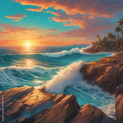 Radiant Sunset: Tranquil Ocean's Golden Horizon, Turquoise Waves, & Warm Sky Hues