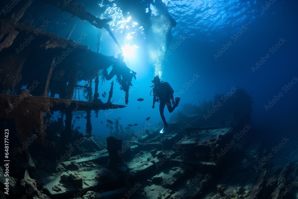 Obraz premium Professional technical scuba free diver wetsuit swimming moves exploring shipwreck plane wreckage underwater coral reef dark cave dangerous diving. Seascape analysis sea bottom ocean wildlife water