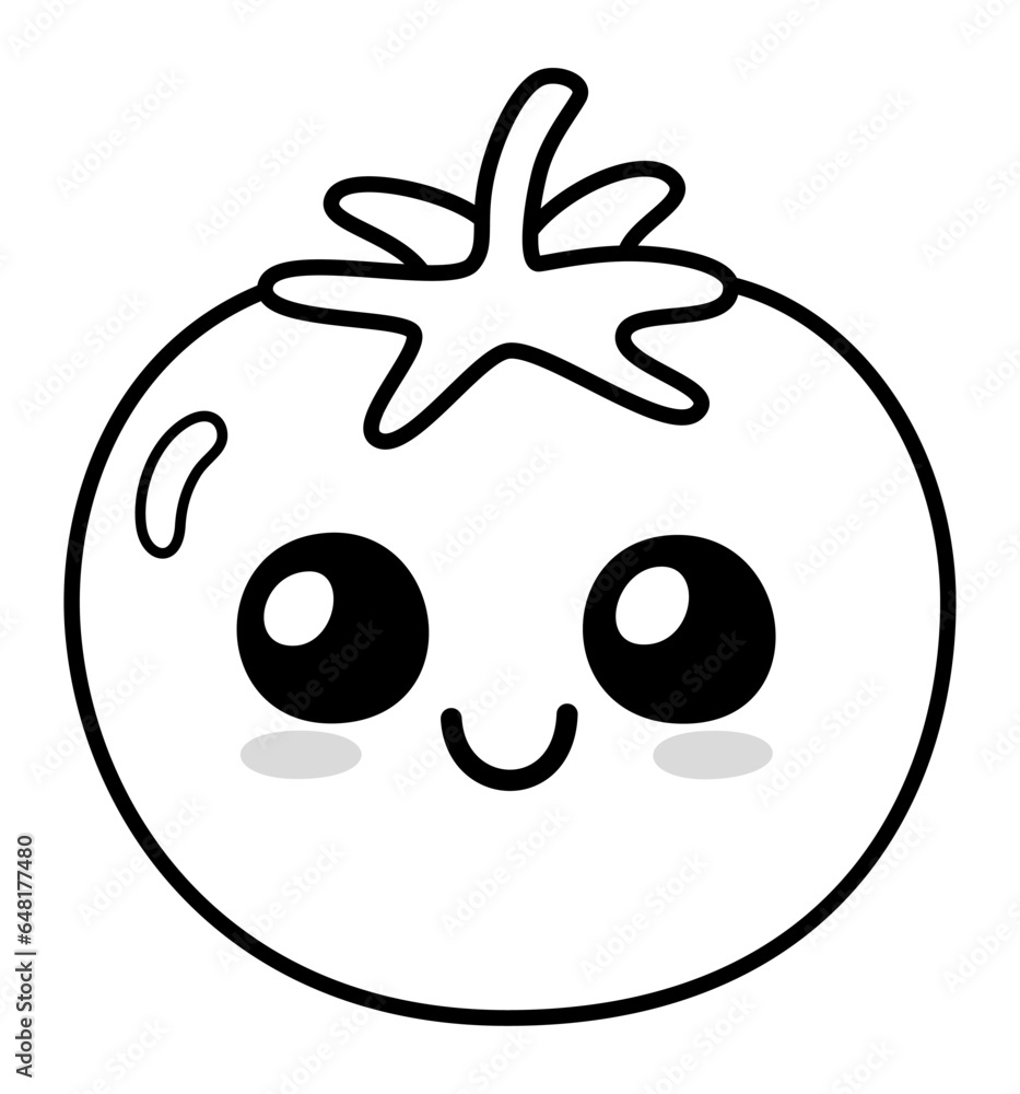 Tomato - Big Eyes, a Smile, and Marks on Its Left and Right Cheeks, Cute Cartoon Vegetable, Adorned with Leaves on Top, and a Small Shape on the Upper Left to Give It a 3D Appearance
