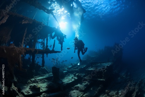 Professional technical scuba free diver wetsuit swimming moves exploring shipwreck plane wreckage underwater coral reef dark cave dangerous diving. Seascape analysis sea bottom ocean wildlife water