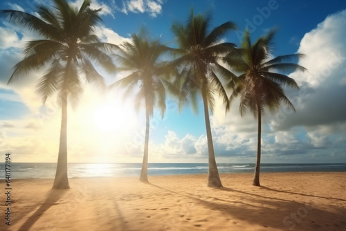 landscape sunrise ocean sky sunset beach sea sun palm island. Generative AI.