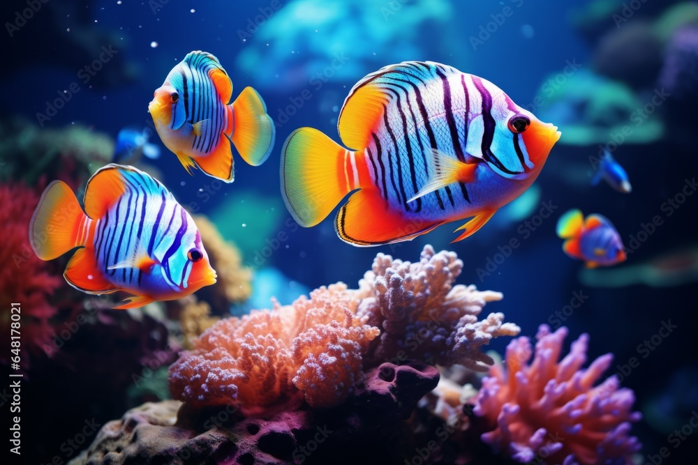 Fototapeta premium Exotic сolorful group underwater fish ocean aquarium beautiful tropical coral reef. Oceanarium animal wildlife marine ecology panorama water nature snorkel diving ecosystem environmental save planet