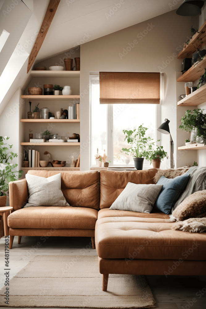 Corner sofa against shelving unit, scandinavian home interior design of modern living room in attic in farmhouse. Image created using artificial intelligence. Corner sofa against shelving unit, scandinavian home interior design of modern living room in attic in farmhouse. Image created using artificial intelligence.