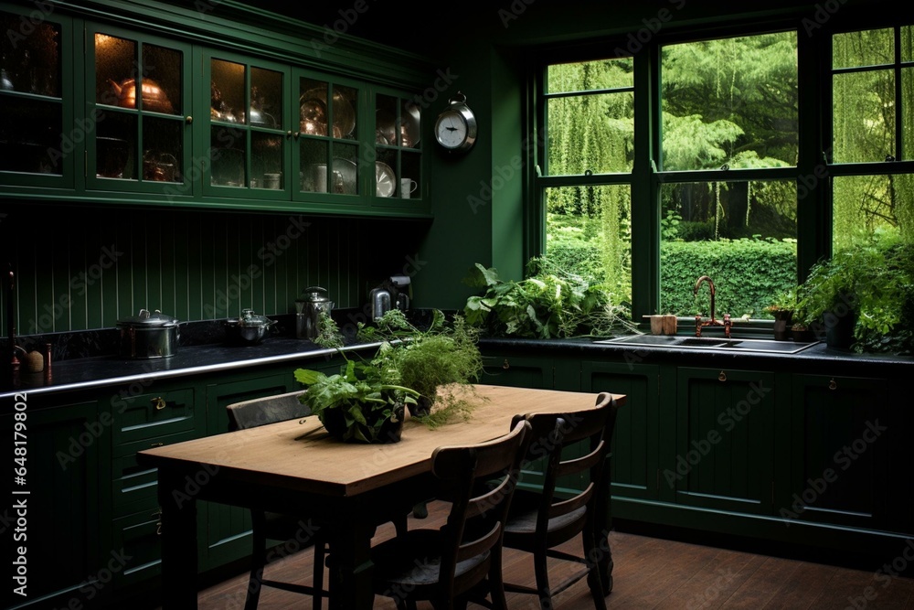 Kitchen with a deep shade of green. Generative AI