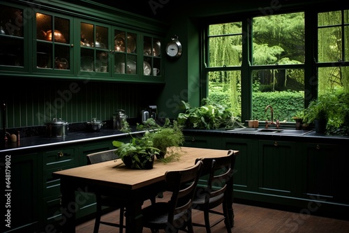 Kitchen with a deep shade of green. Generative AI © Fraint