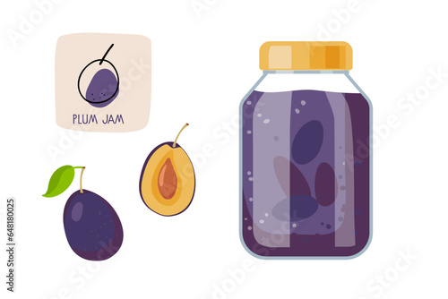 Canned Plum isolated on white background. Plum jam ingredients, glass jar. Homemade fruit jelly, compote. Jar preserved fruits. Flat vector Food template for menu, sticker, logo, farmers market.