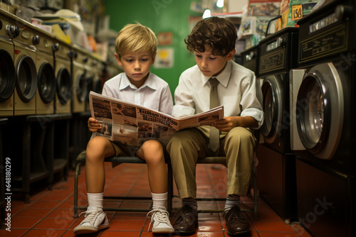 children reading a newspaper in a laundromat