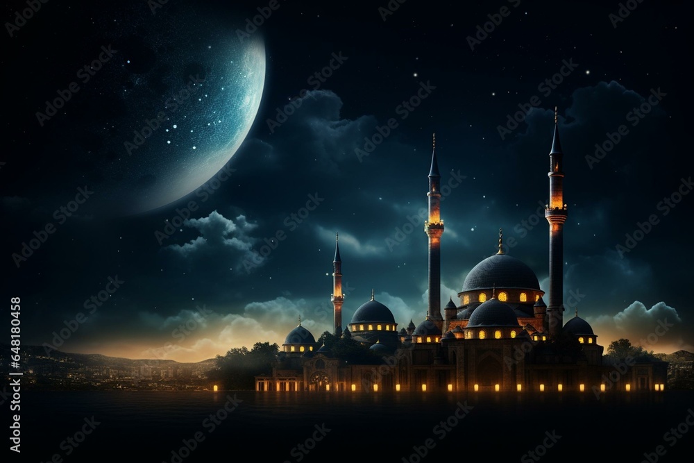 Mosque and crescent moon in an image representing Ramadan. Generative AI