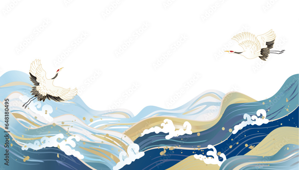 Fototapeta 海　波のある和風背景イラスト
