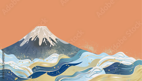 海　波のある和風背景イラスト
