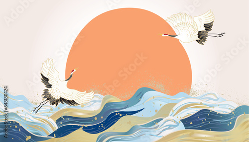 海　波のある和風背景イラスト

