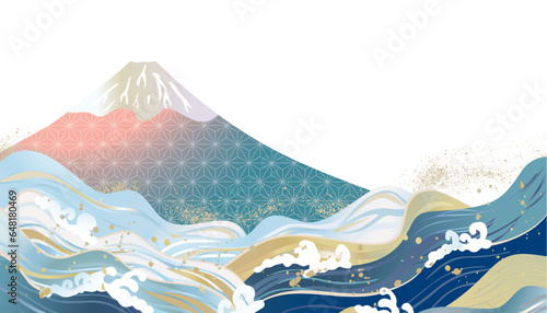 海　波のある和風背景イラスト
