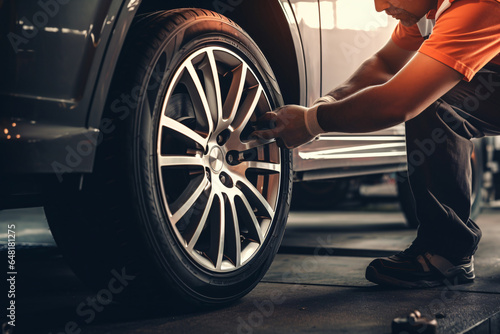 Professional mechanic changing car tyres in auto repair service center. Technician man working at auto repair service center. Changing tire shop. Repair or maintenance auto service.