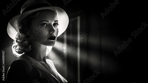 Film Noir with Fill Light. Generative AI. A digital rendering of a woman in a film noir scene with a fill light adding atmosphere.