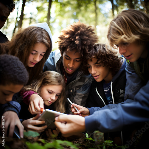 Teenagers group studying nature with the help of technology. Teenagers young boys and girls studying something on the ground, in nature, holding a tablet or a smartphone, collecting information. photo